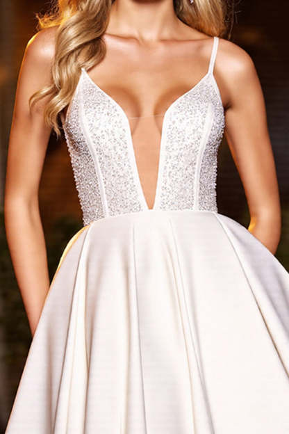 Sparkly White Satin A Line V Neck Short Homecoming Dress with Beading