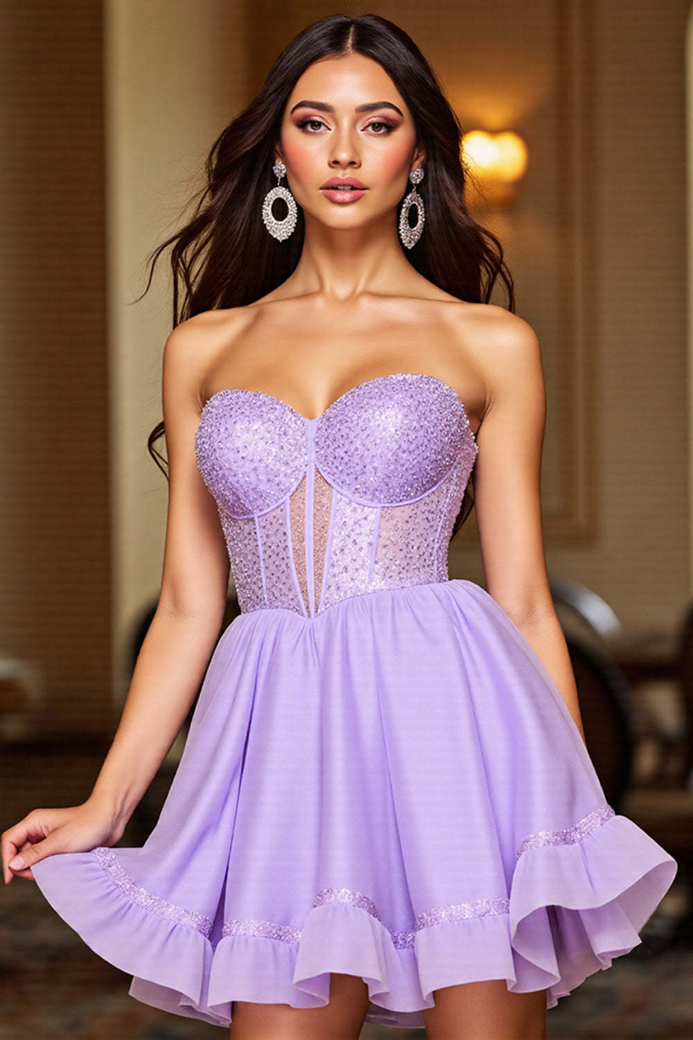 Leely Women Sparkly Purple Corset Short Homecoming Dress with Sequins A Line Strapless Flowy Party Dress