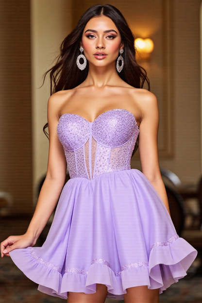 Leely Women Sparkly Purple Corset Short Homecoming Dress with Sequins A Line Strapless Flowy Party Dress