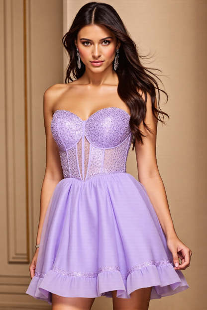 A Line Purple Strapless Corset Short Homecoming Dress with Sequins