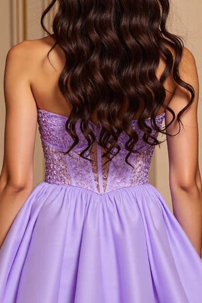 A Line Purple Strapless Corset Short Homecoming Dress with Sequins