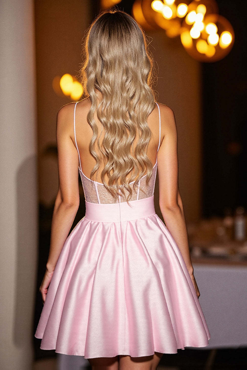 Pink Satin A Line Corset Backless Short Homecoming Dress with Bow