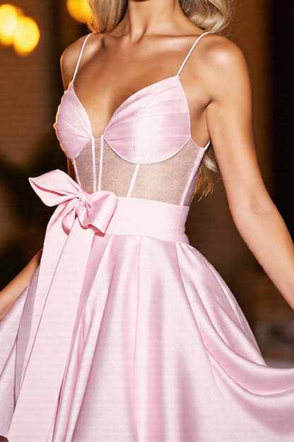 Pink Satin A Line Corset Backless Short Homecoming Dress with Bow
