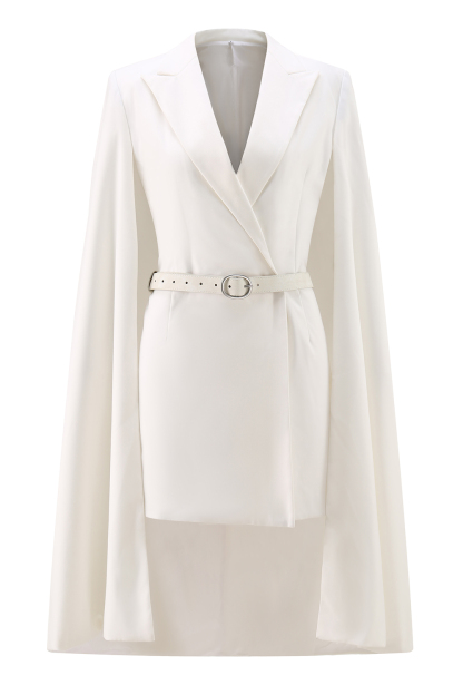 White Bodycon Peak Lapel Mini Work Dress with Cape