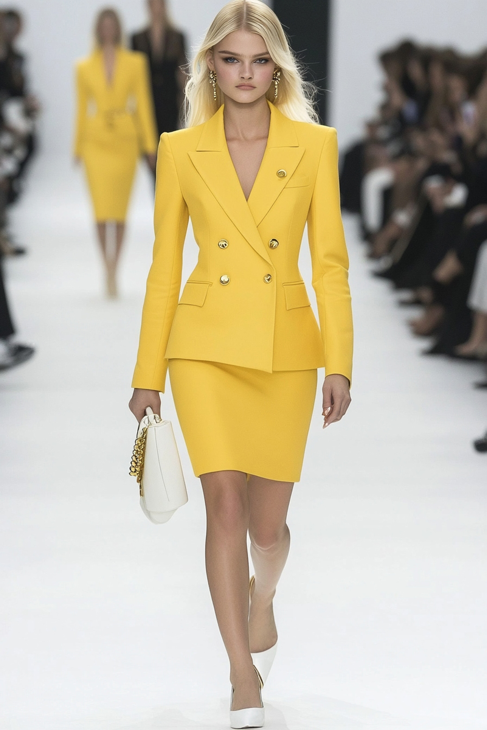 Yellow 2 Piece Peak Lapel Short Work Dress with Pockets
