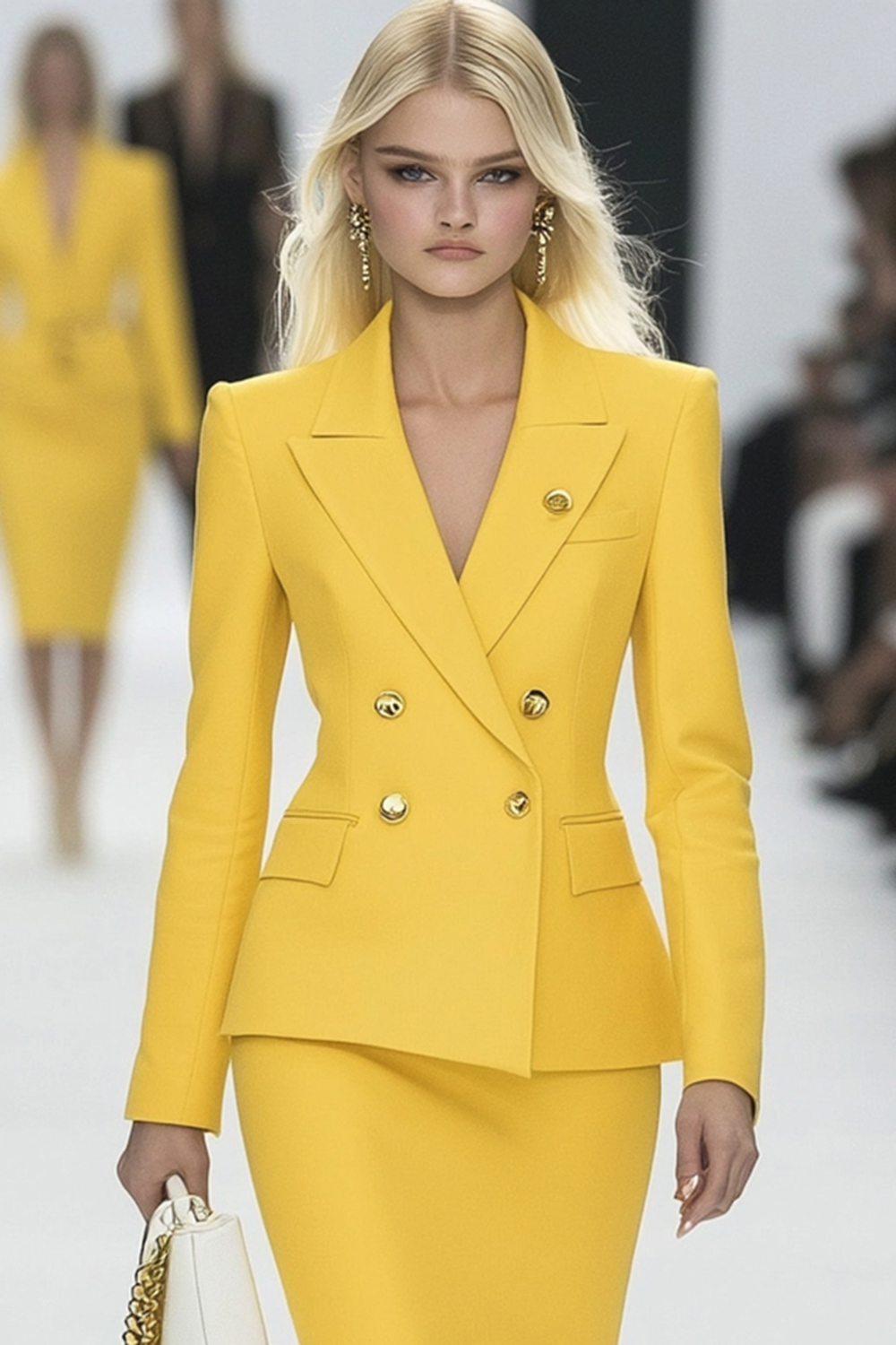 Yellow 2 Piece Peak Lapel Short Work Dress with Pockets