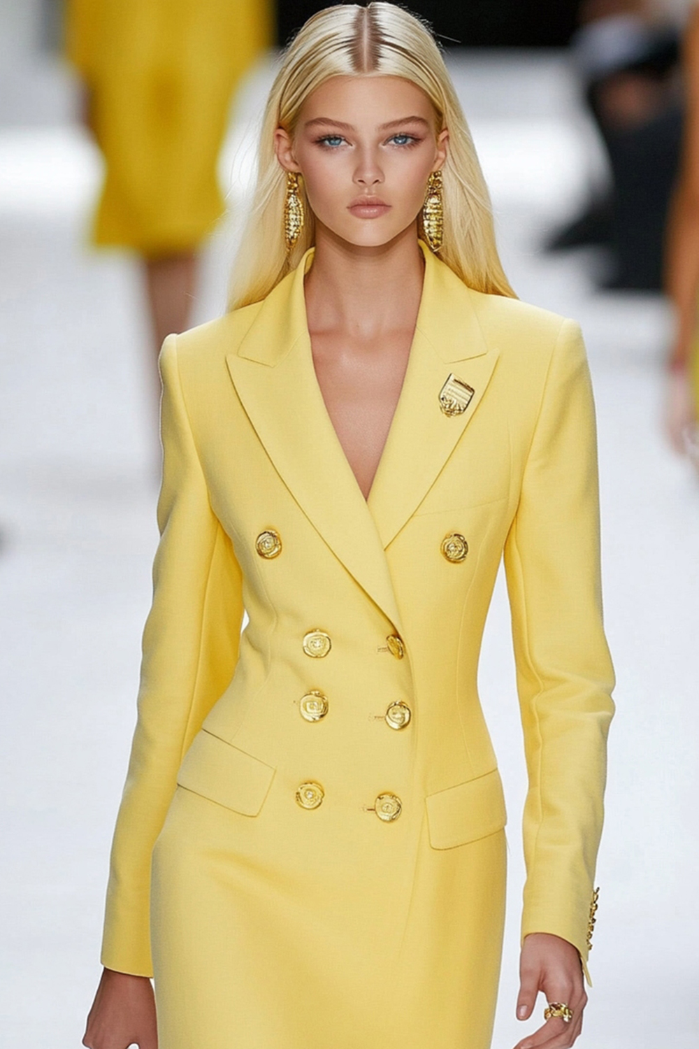 Yellow Peak Lapel Short Work Dress with Pockets
