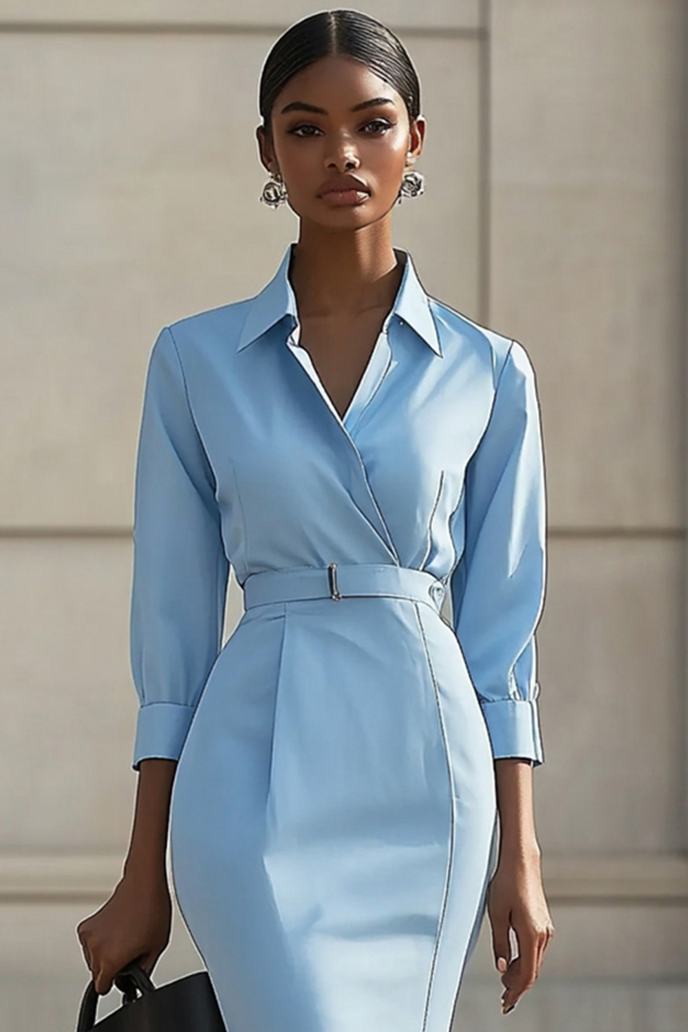 Sky Blue V Neck Bodycon Midi Work Dress with Belt