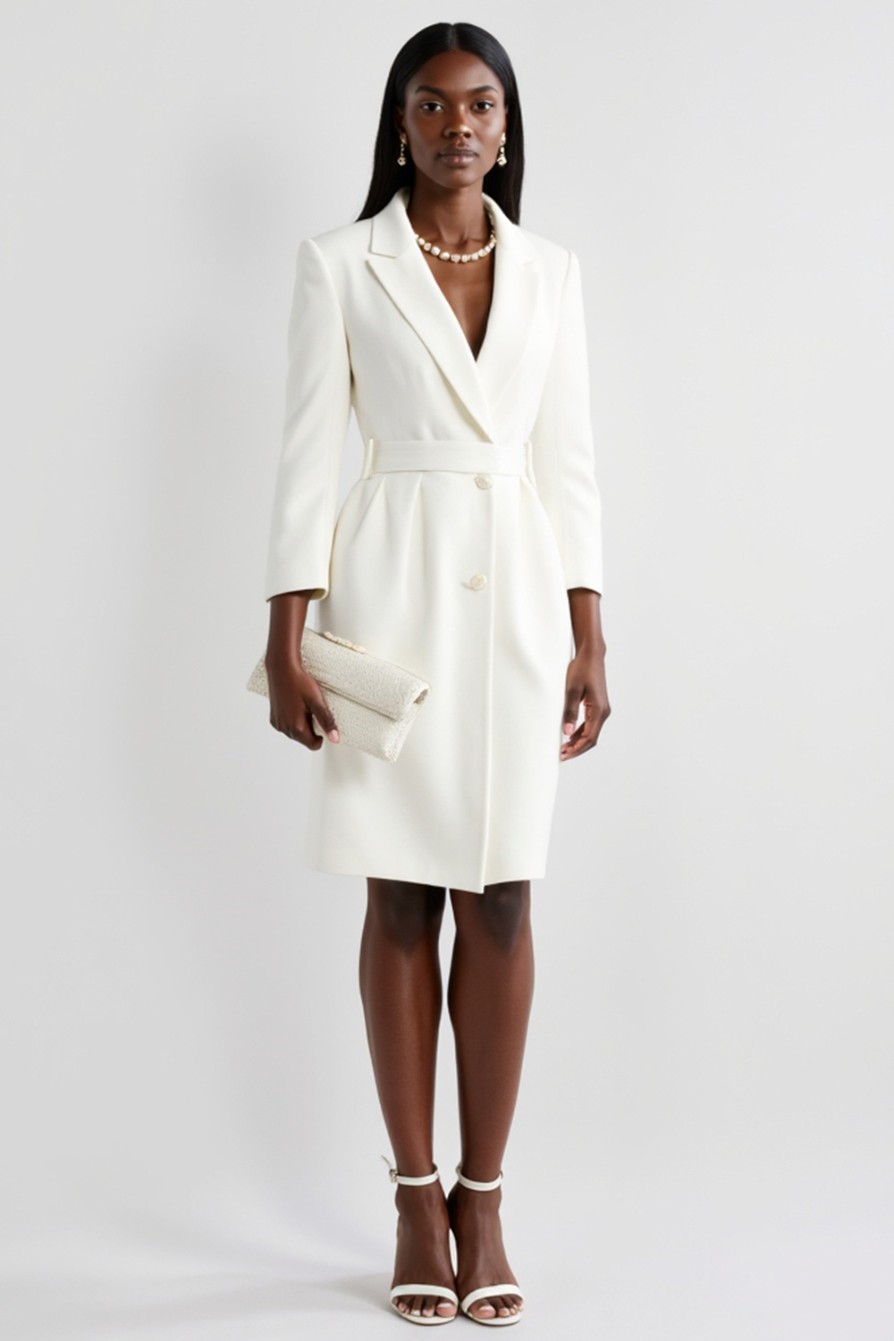 White Peak Lapel Bodycon Midi Work Dress with Belt