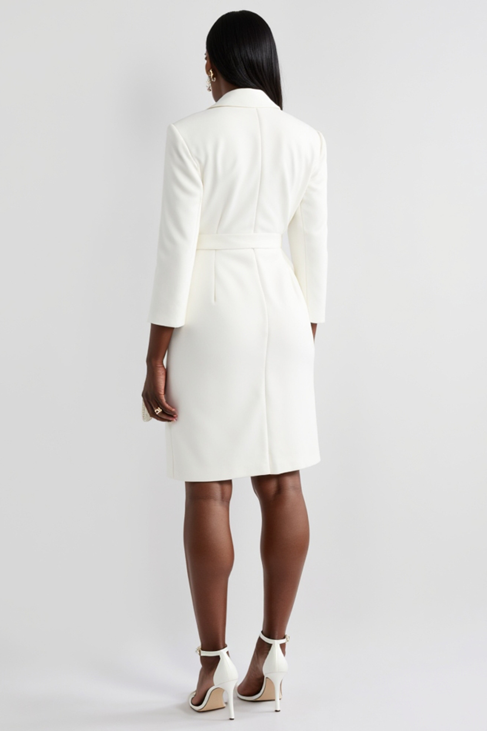 White Peak Lapel Bodycon Midi Work Dress with Belt