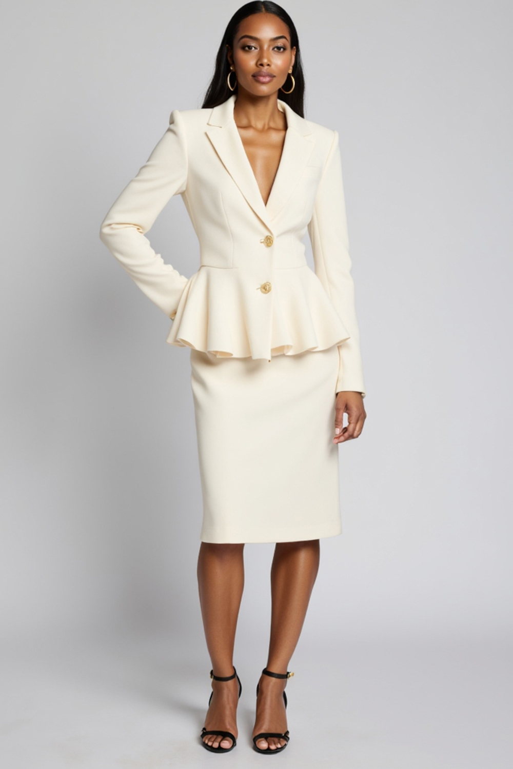 Ivory 2 Piece Bodycon Notched Lapel Midi Work Dress with Ruffles