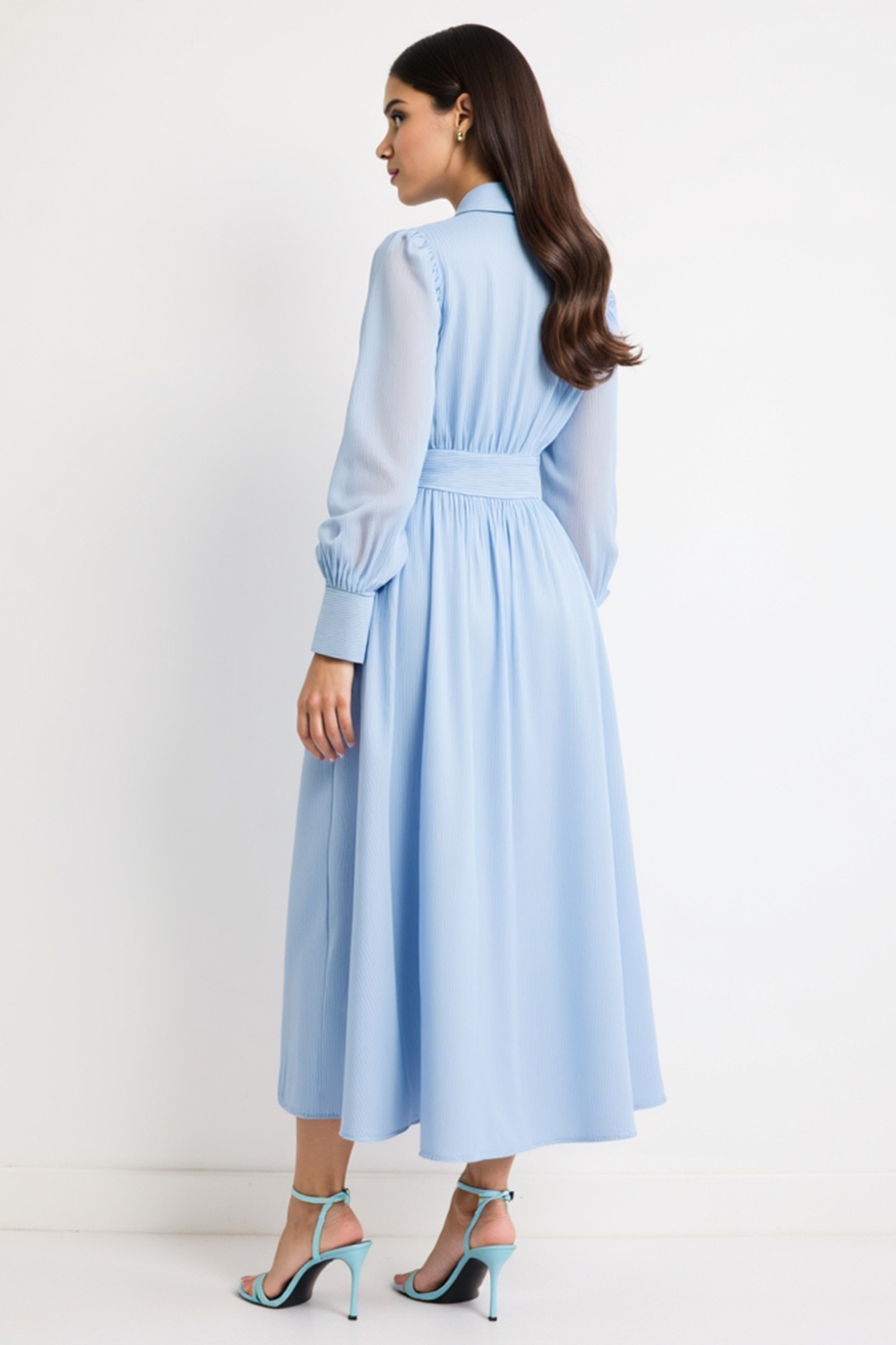 Blue V Neck A Line Ruched Long Work Dress with Belt