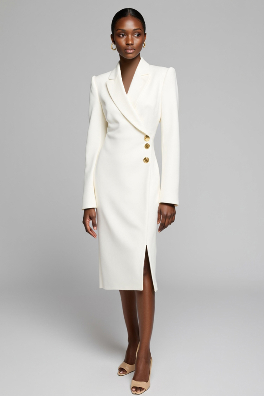 White Bodycon Peak Lapel Midi Work Dress with Slit