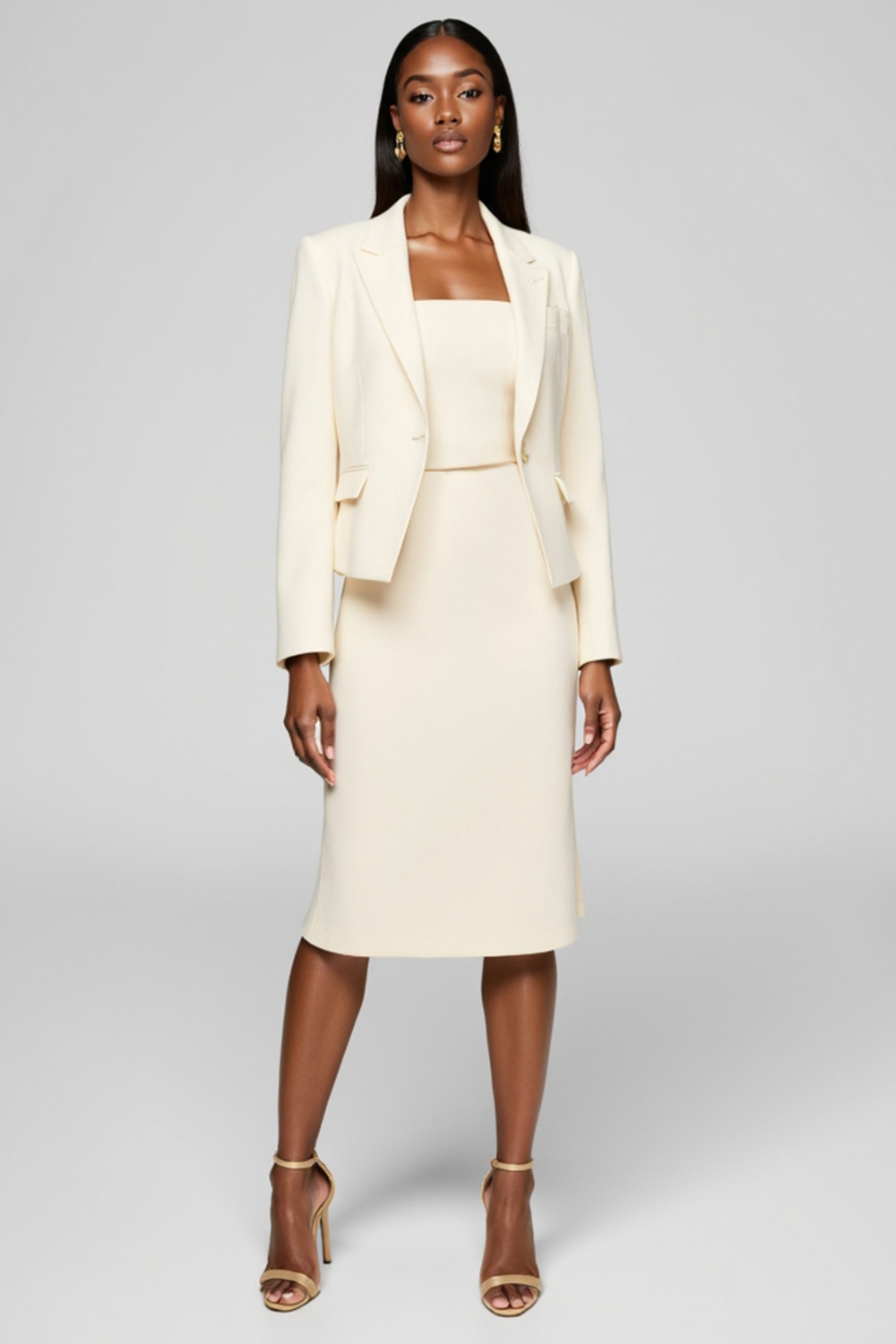 Ivory 3 Piece Bodycon Peak Lapel Midi Work Dress