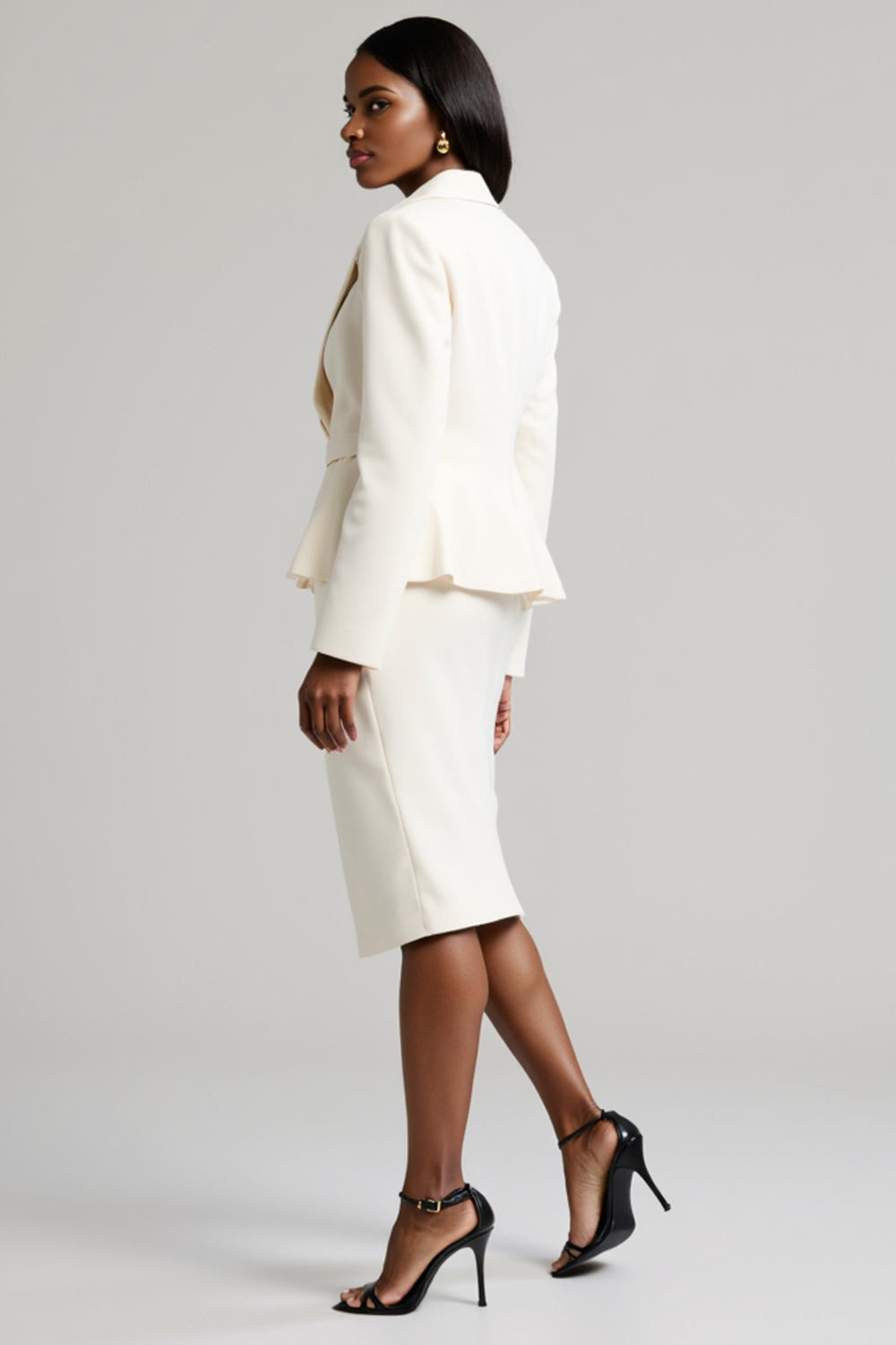 Ivory 2 Piece Bodycon Peak Lapel Midi Work Dress with Slit