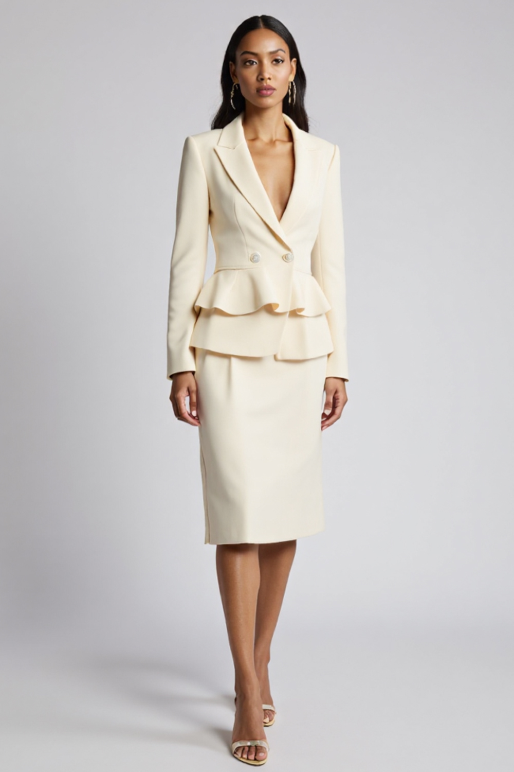 Ivory 2 Piece Peak Lapel Bodycon Midi Work Dress with Ruffles