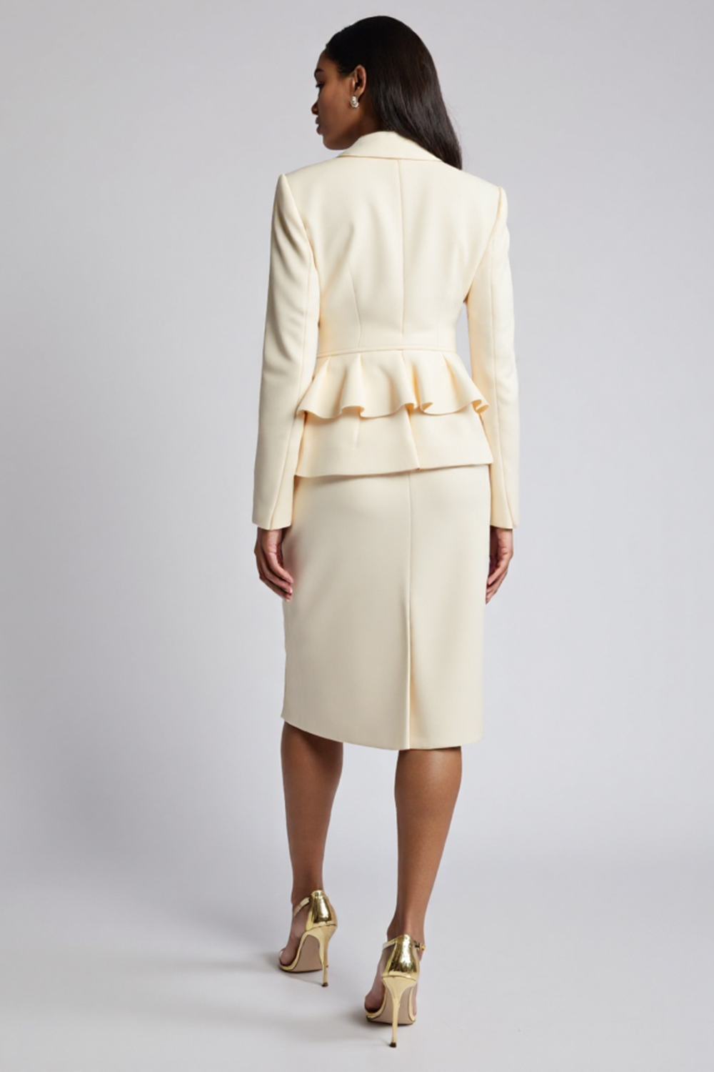 Ivory 2 Piece Peak Lapel Bodycon Midi Work Dress with Ruffles