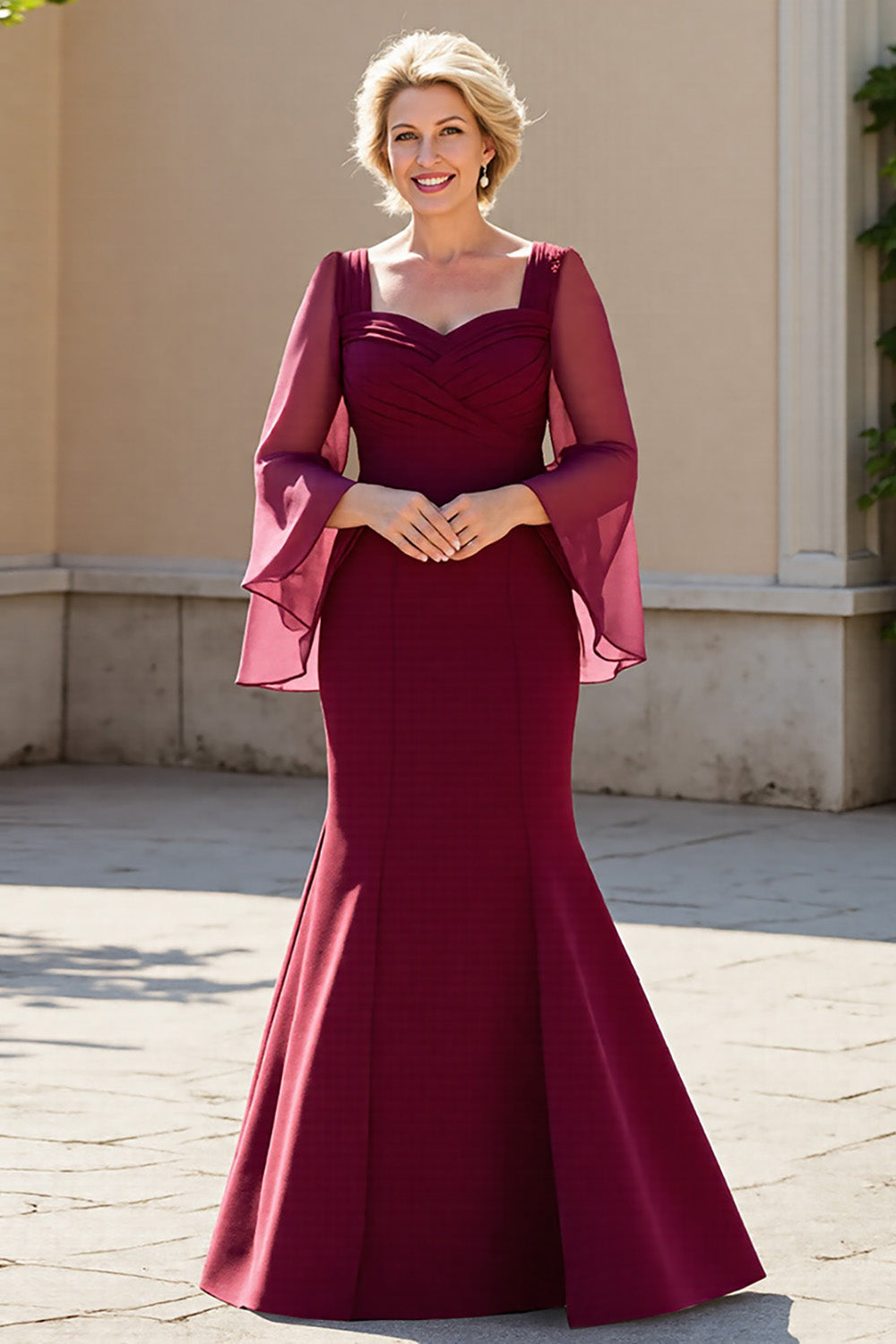 Mermaid Satin Burgundy Maxi Mother of the Bride Dress with Long Sleeves