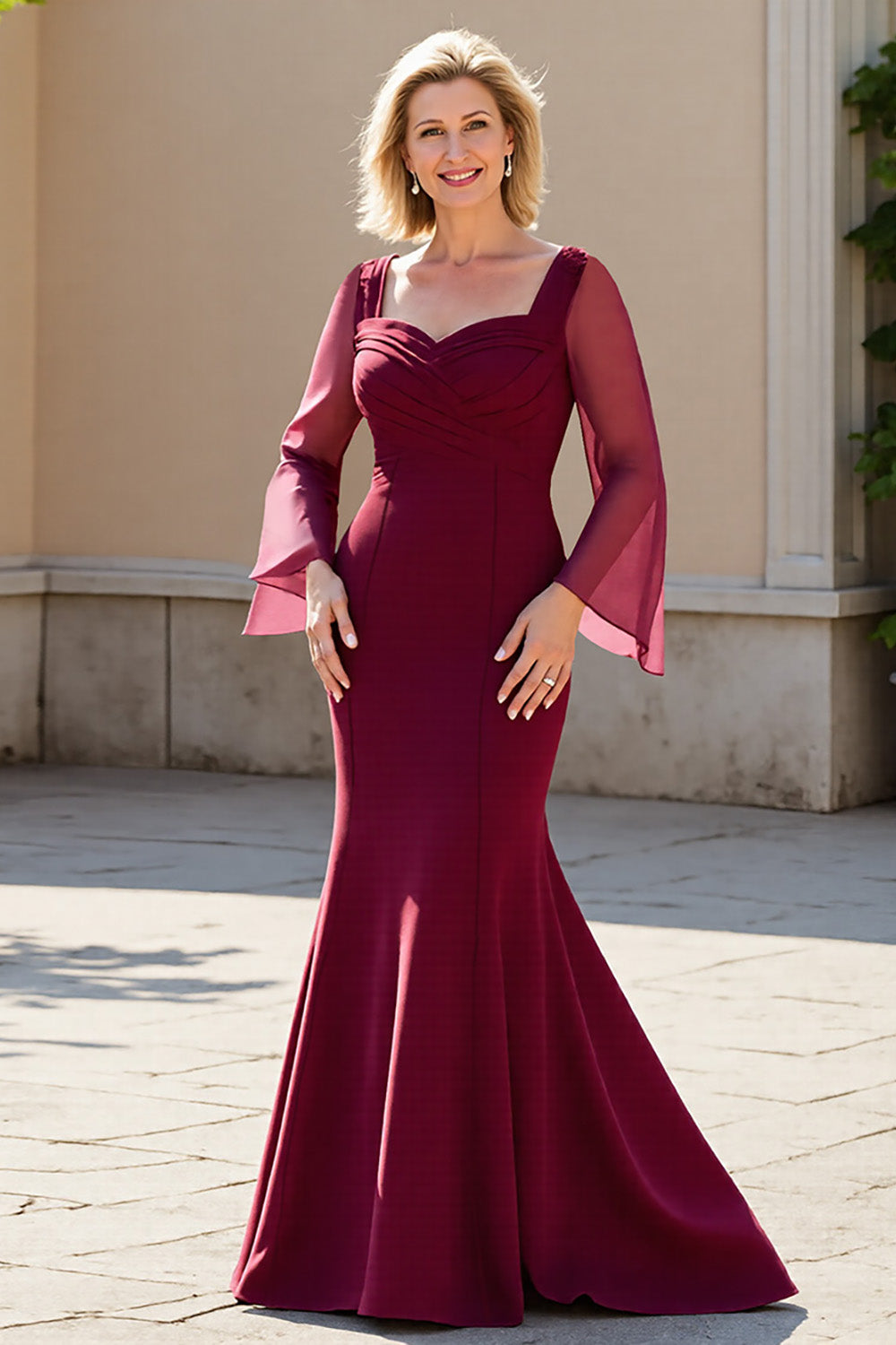 Mermaid Satin Burgundy Maxi Mother of the Bride Dress with Long Sleeves