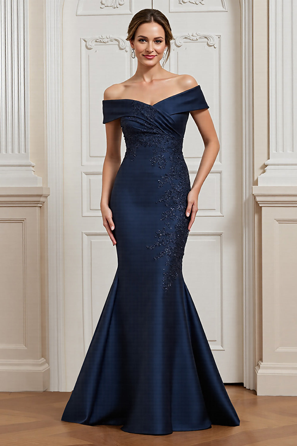 Navy Mermaid Satin Maxi Mother of the Bride Dress with Appliques