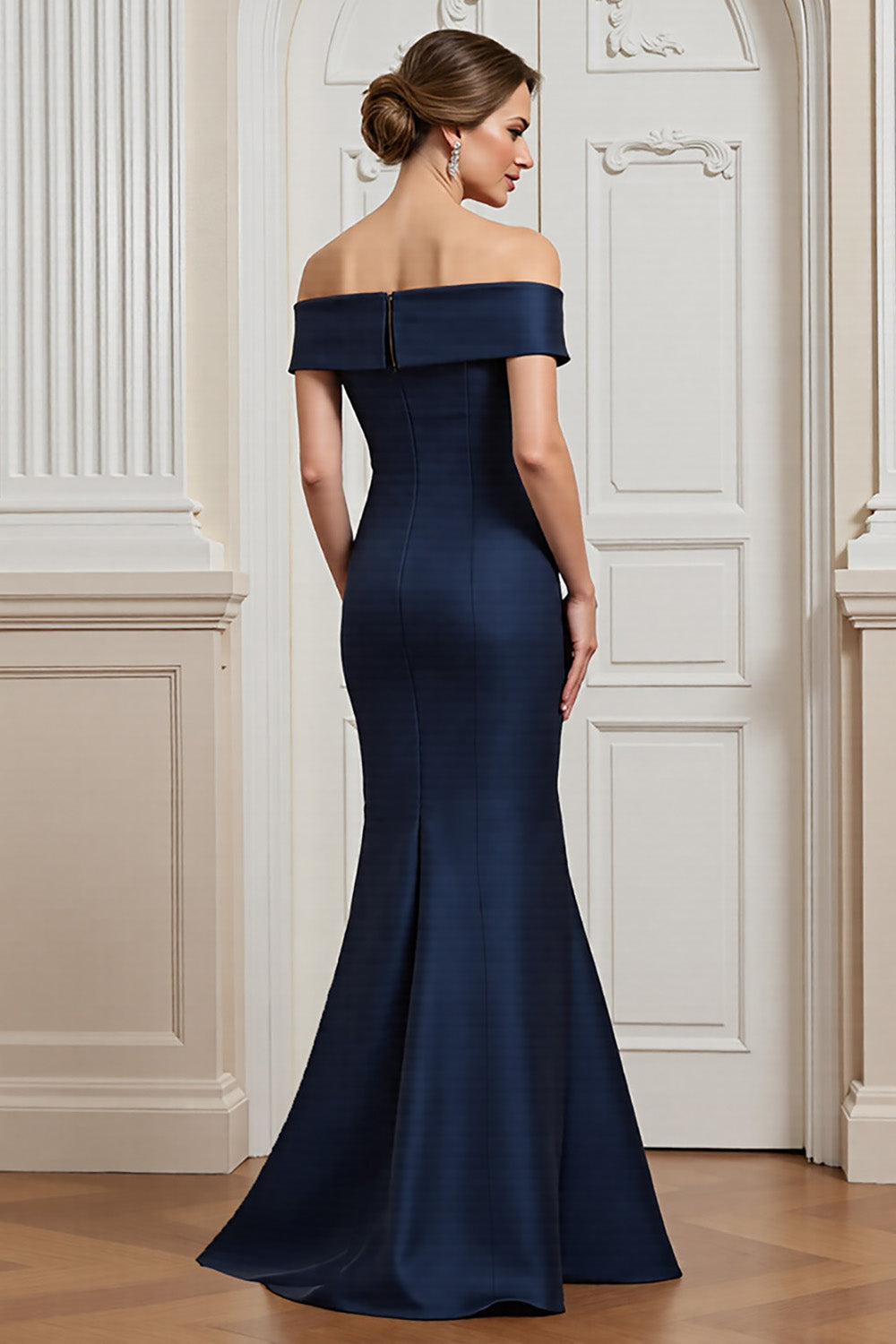 Navy Mermaid Satin Maxi Mother of the Bride Dress with Appliques