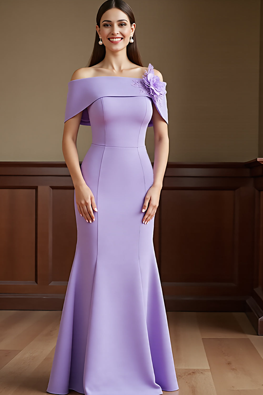 Lilac Satin Mermaid Maxi Mother of the Bride Dress with Flowers