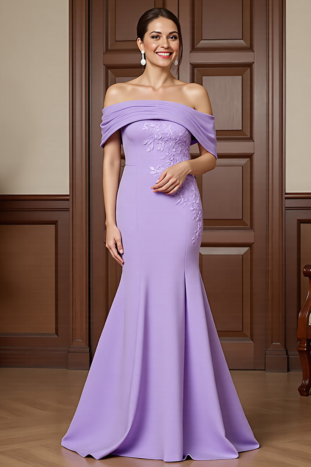 Leely Women Lilac Satin Maxi Mother of the Bride Dress with Appliques Off the Shoulder Mermaid Formal Dress
