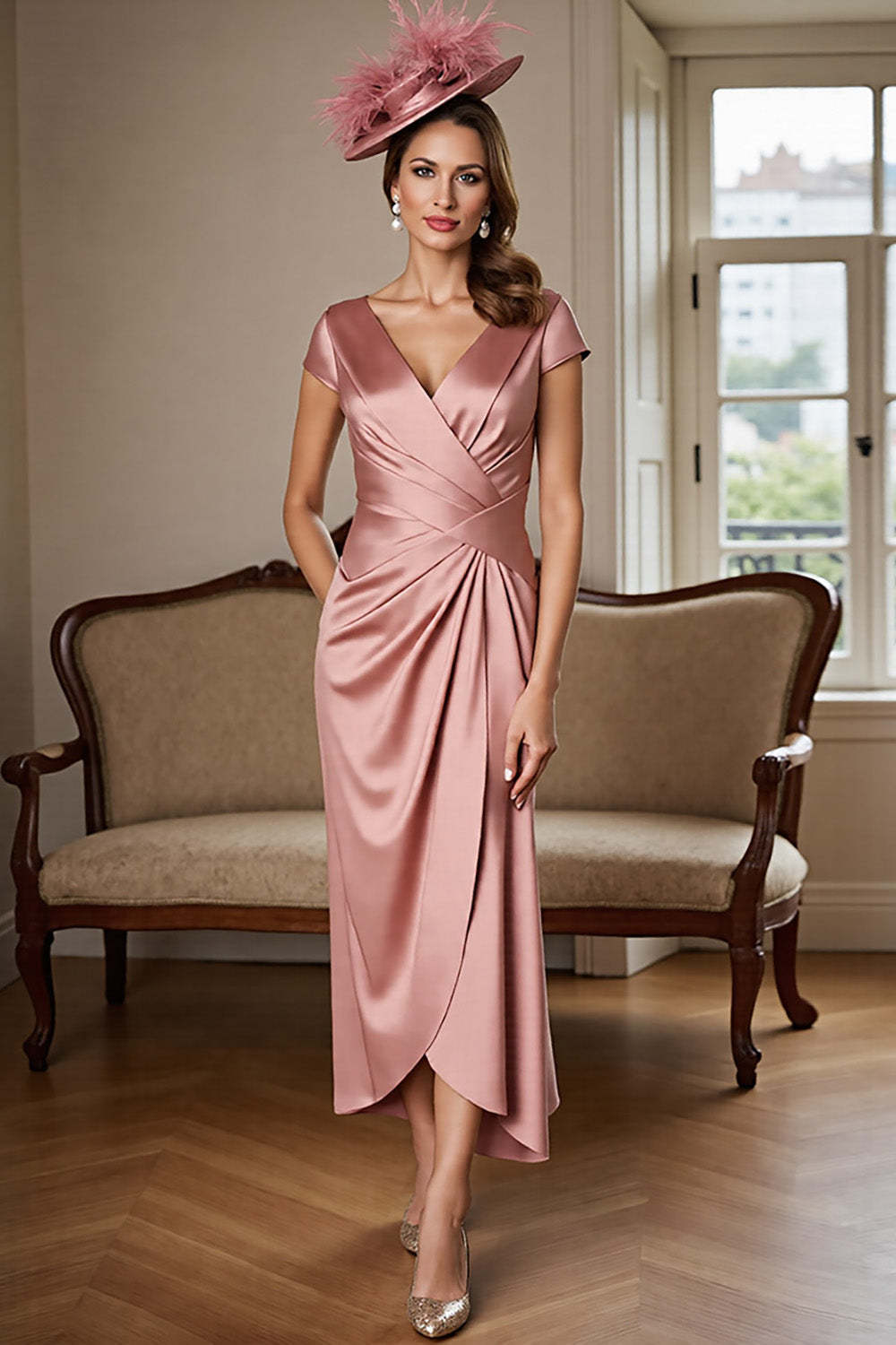 Leely Women Dusty Rose Satin Maix Mother of the Bride Dress V-Neck Sheath Ruched Cap Sleeves Wedding Guest Dress