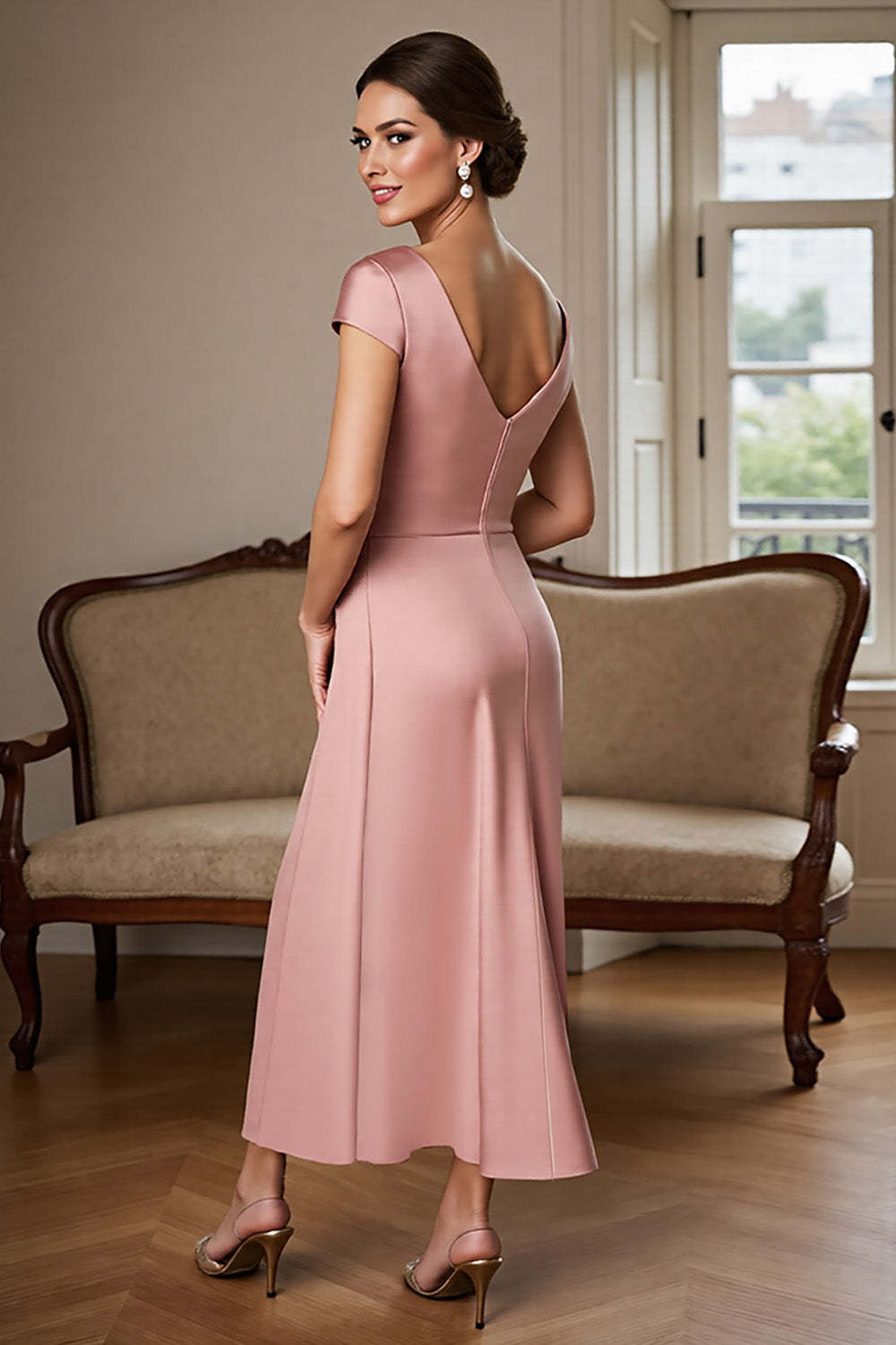 Dusty Rose Satin V-Neck Sheath Maxi Mother of the Bride Dress