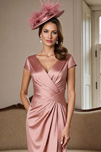 Dusty Rose Satin V-Neck Sheath Maxi Mother of the Bride Dress