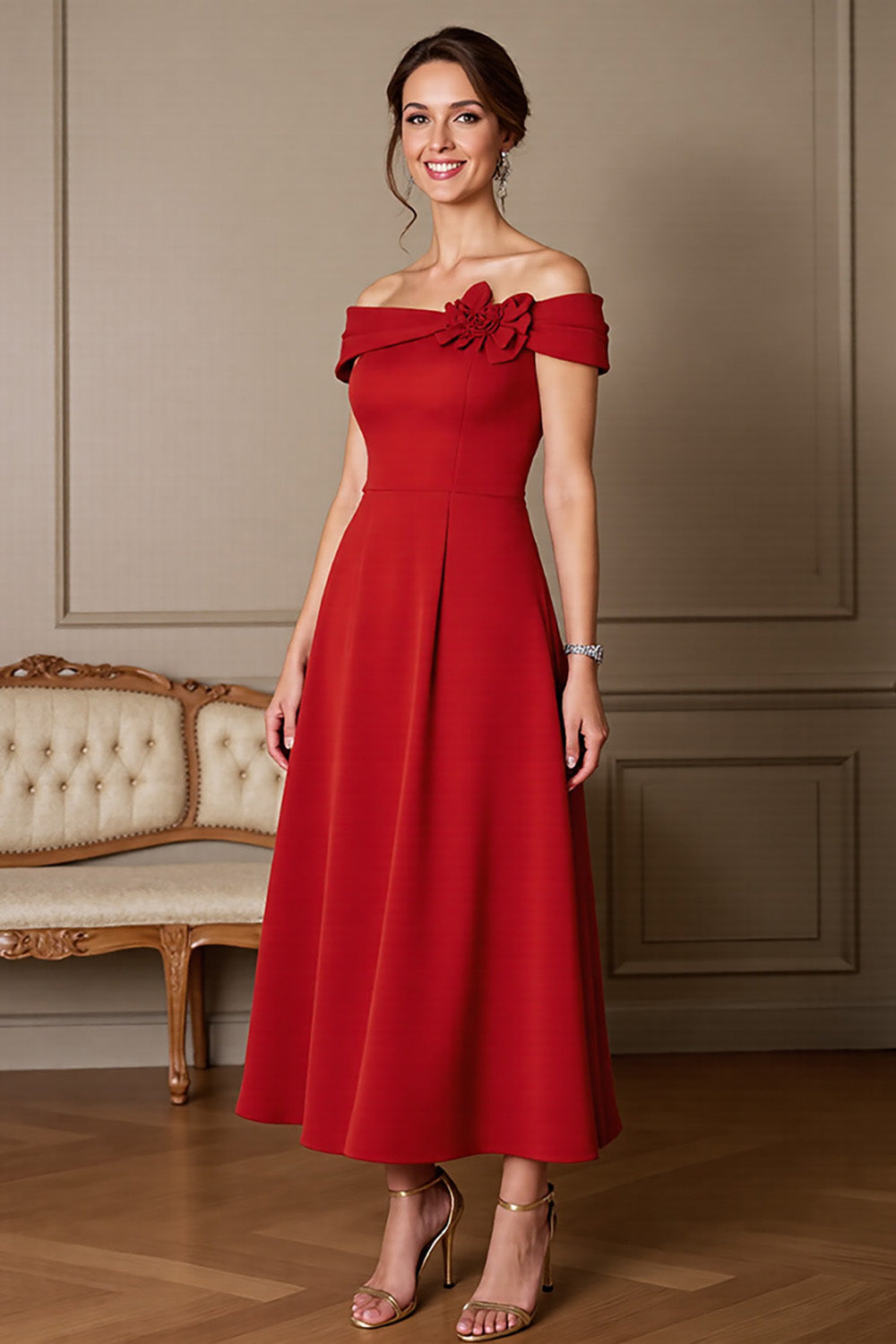 Dark Red A Line Maxi Satin Mother of the Bride Dress with 3D Flower