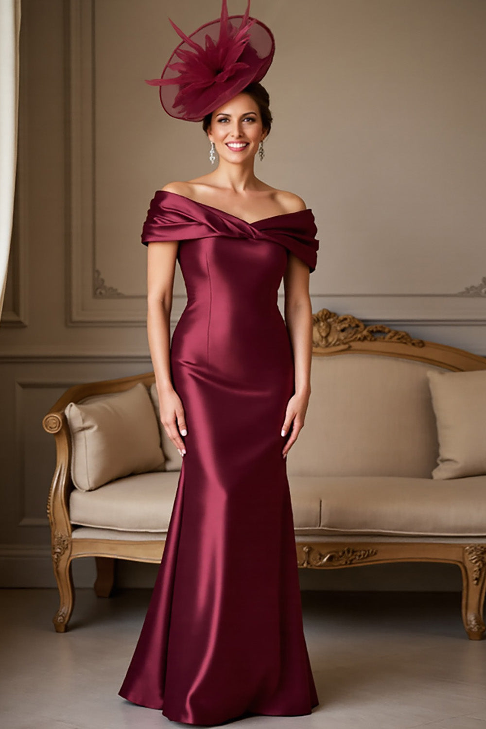 Burgundy Satin Mermaid Maxi Mother of the Bride Dress