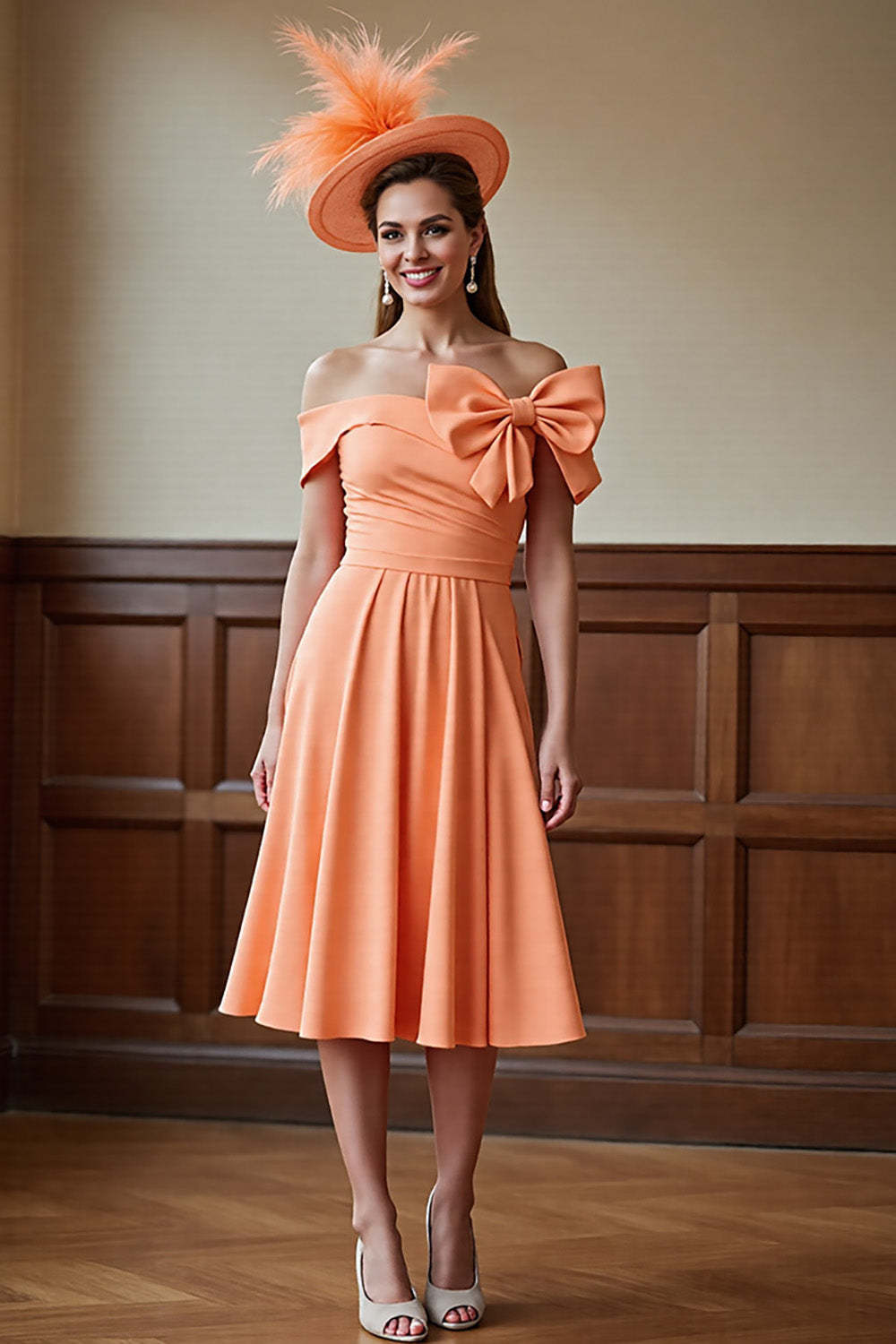 Leely Women Sunset Satin Midi Mother of the Bride Dress with Bow A Line Ruched Off the Shoulder Wedding Guest Dress