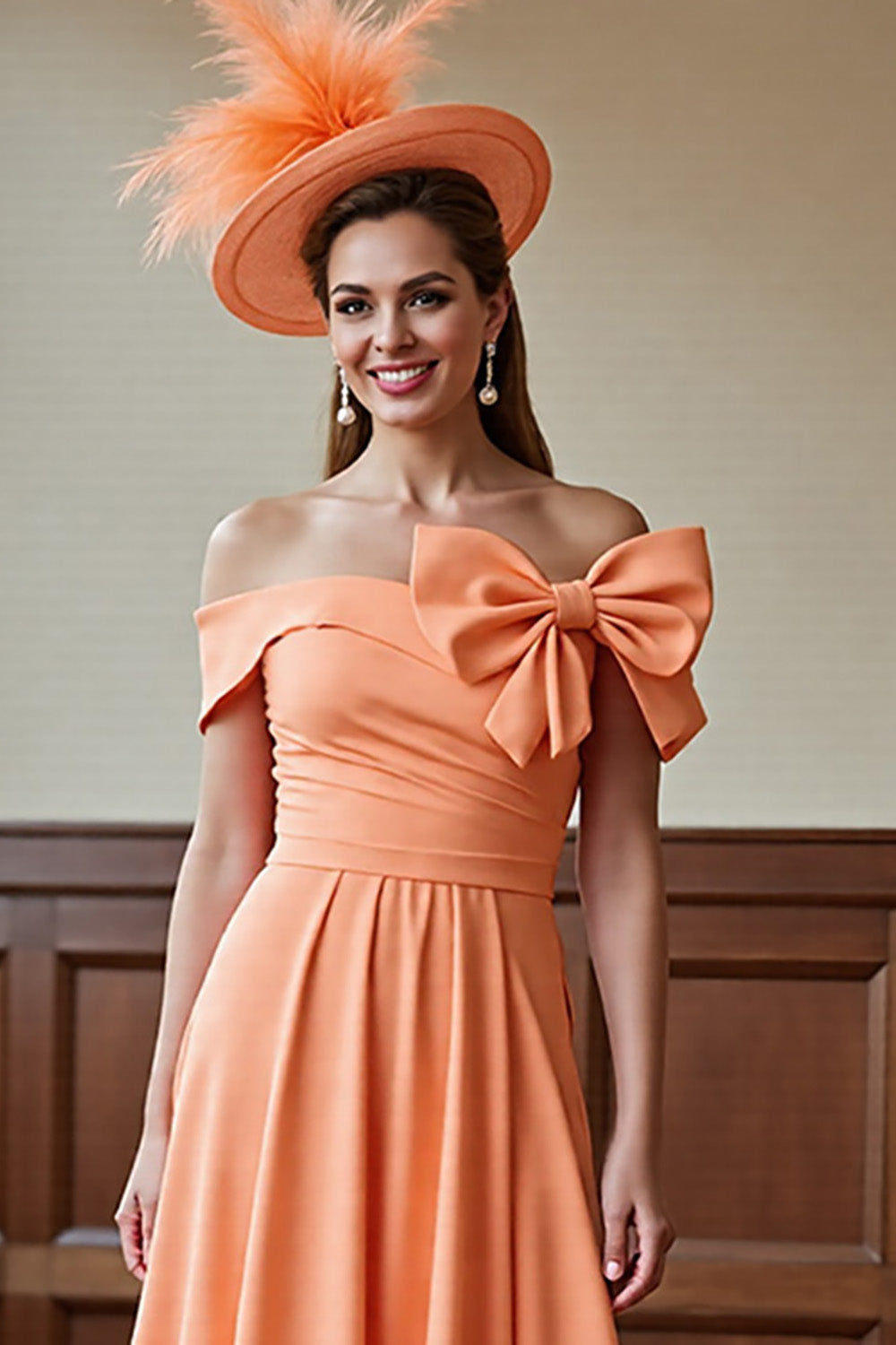 Sunset A Line Satin Midi Mother of the Bride Dress with Bow