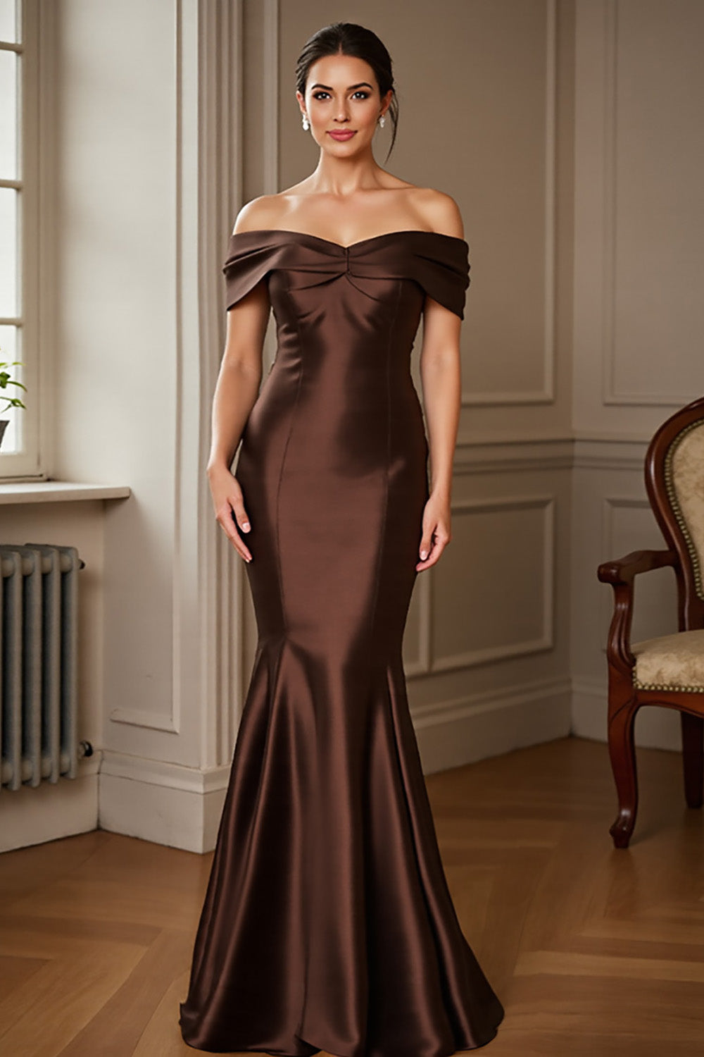 Leely Women Brown Satin Mermaid Maxi Mother of the Bride Dress Off the Shoulder Ruched Formal Dress