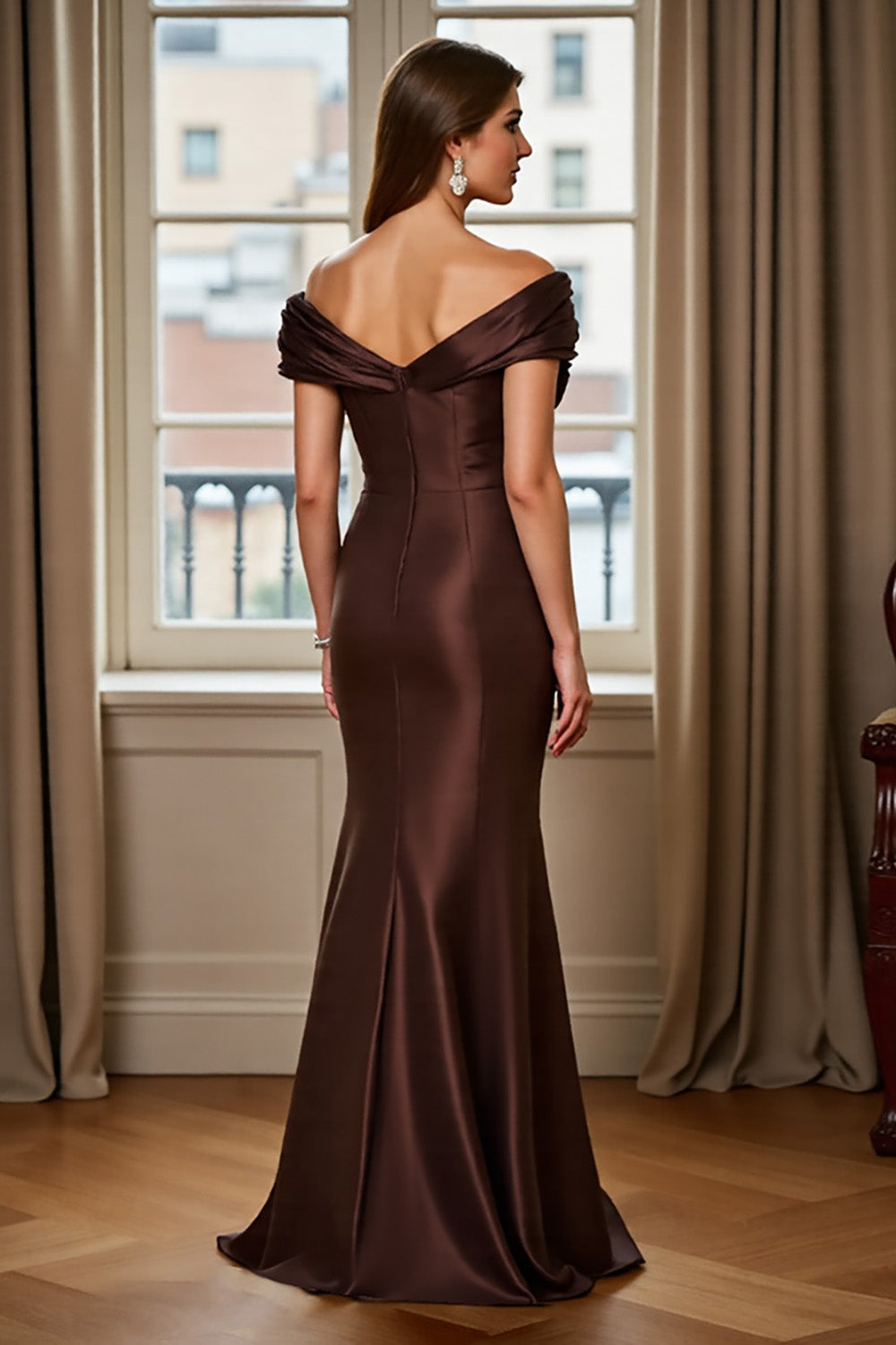 Brown Satin Off the Shoulder Mermaid Maxi Mother of the Bride Dress