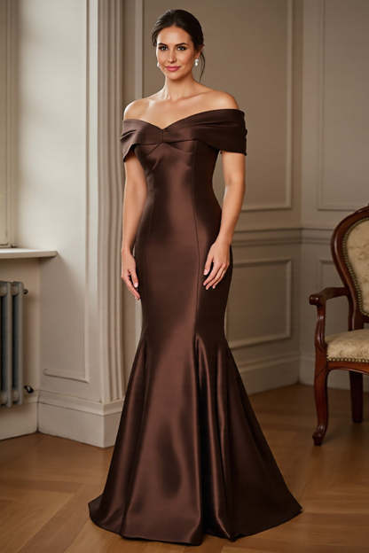 Brown Satin Off the Shoulder Mermaid Maxi Mother of the Bride Dress