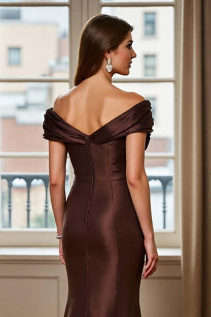 Brown Satin Off the Shoulder Mermaid Maxi Mother of the Bride Dress