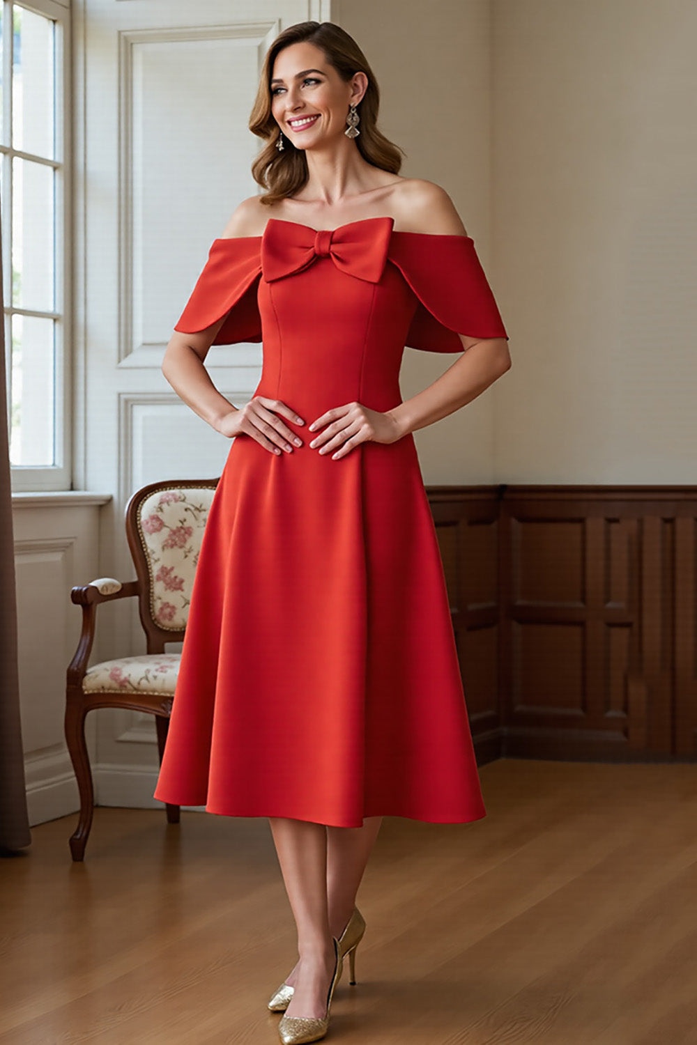 Red Satin A Line Midi Mother of the Bride Dress with Bow