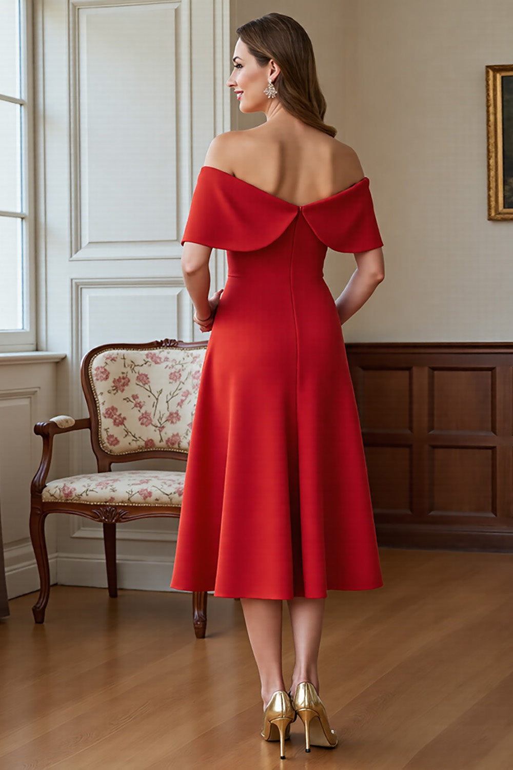 Red Satin A Line Midi Mother of the Bride Dress with Bow