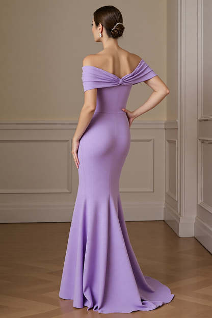 Lilac Off the Shoulder Satin Mermaid Maxi Mother of the Bride Dress