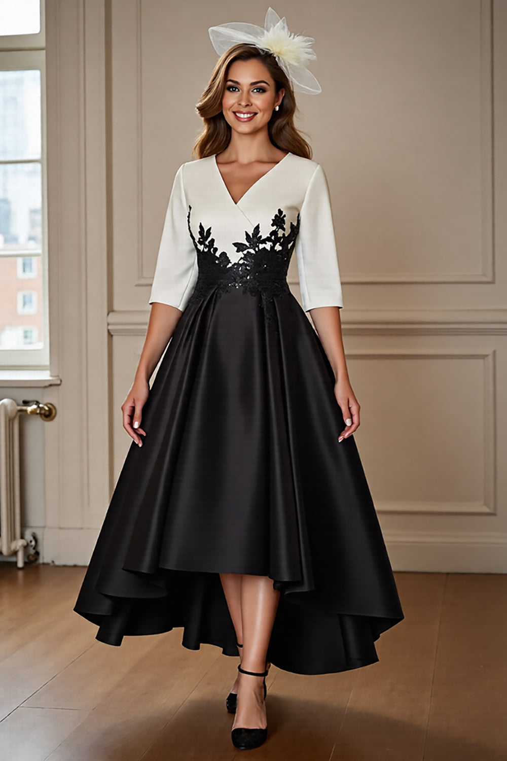 Black and White A Line High-Low Satin Mother of the Bride Dress with Appliques