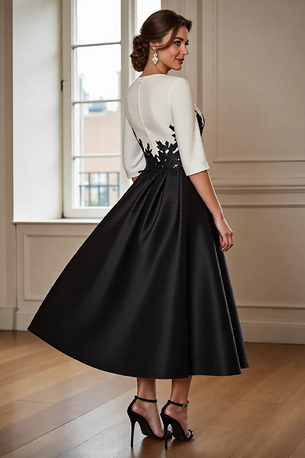 Black and White A Line High-Low Satin Mother of the Bride Dress with Appliques