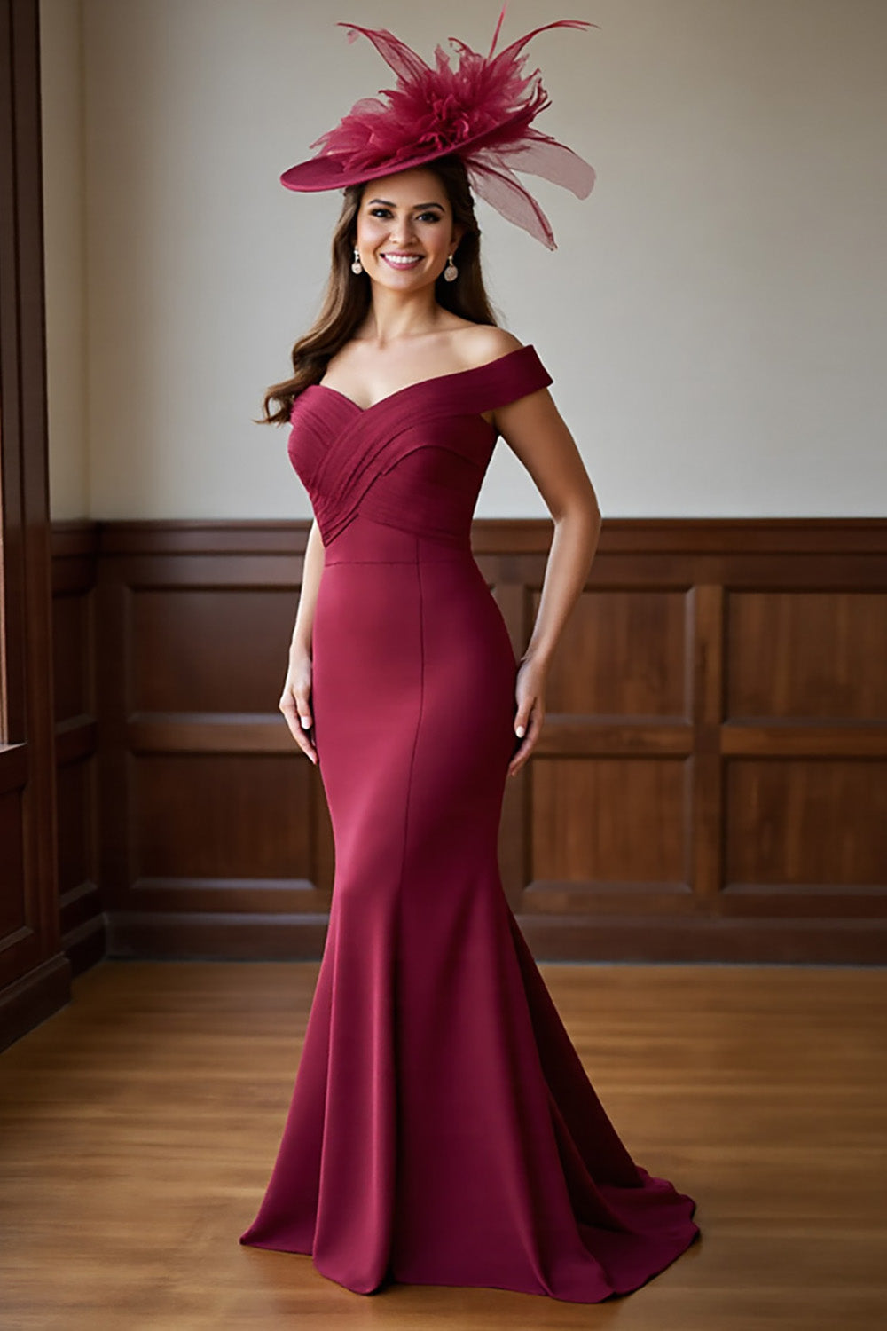 Burgundy Mermaid Off the Shoulder Satin Maxi Mother of the Bride Dress