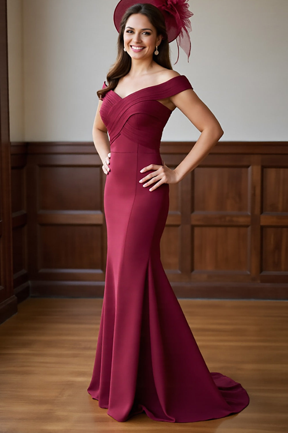 Burgundy Mermaid Off the Shoulder Satin Maxi Mother of the Bride Dress