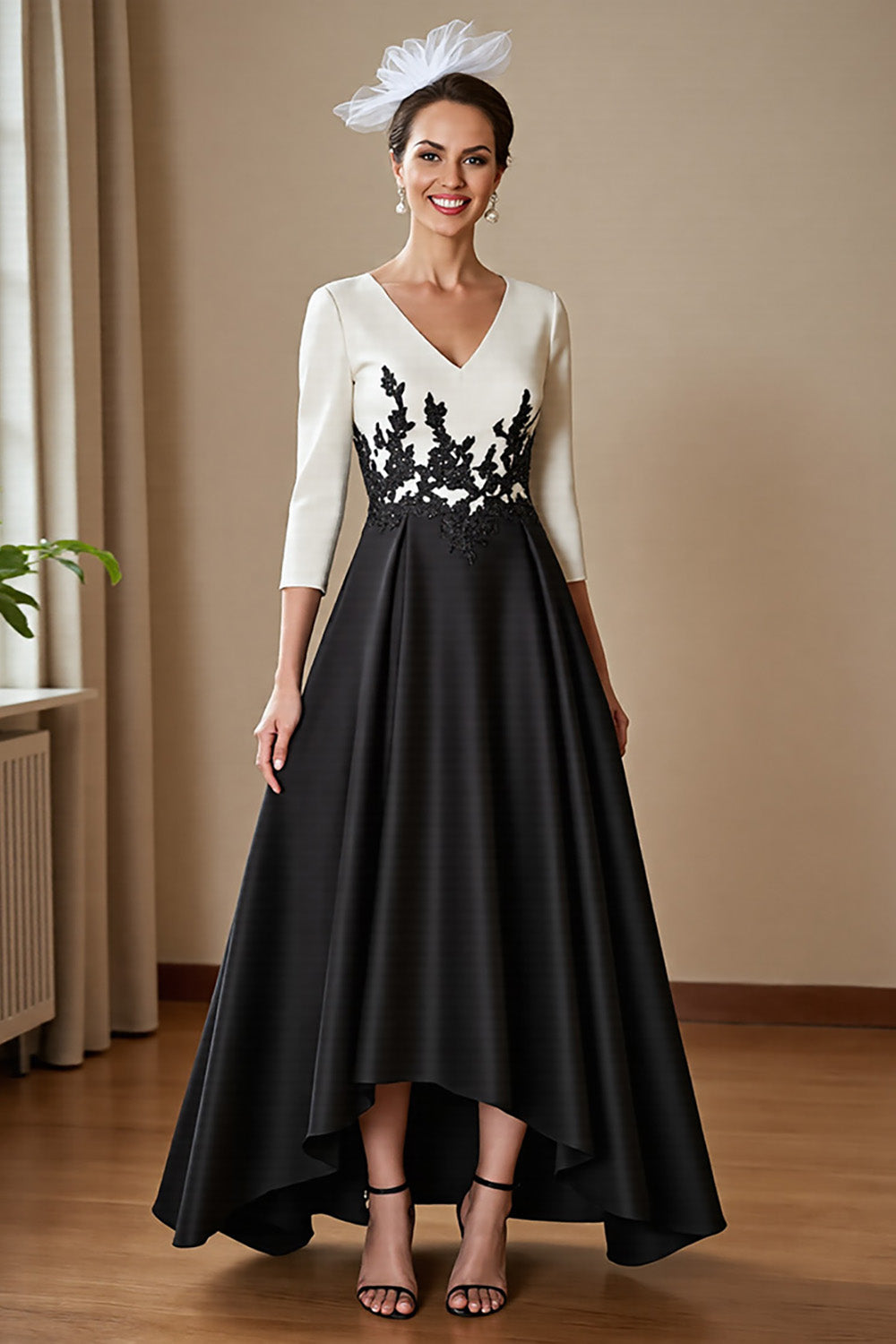 Black and White A Line Satin High-Low Mother of the Bride Dress with Appliques