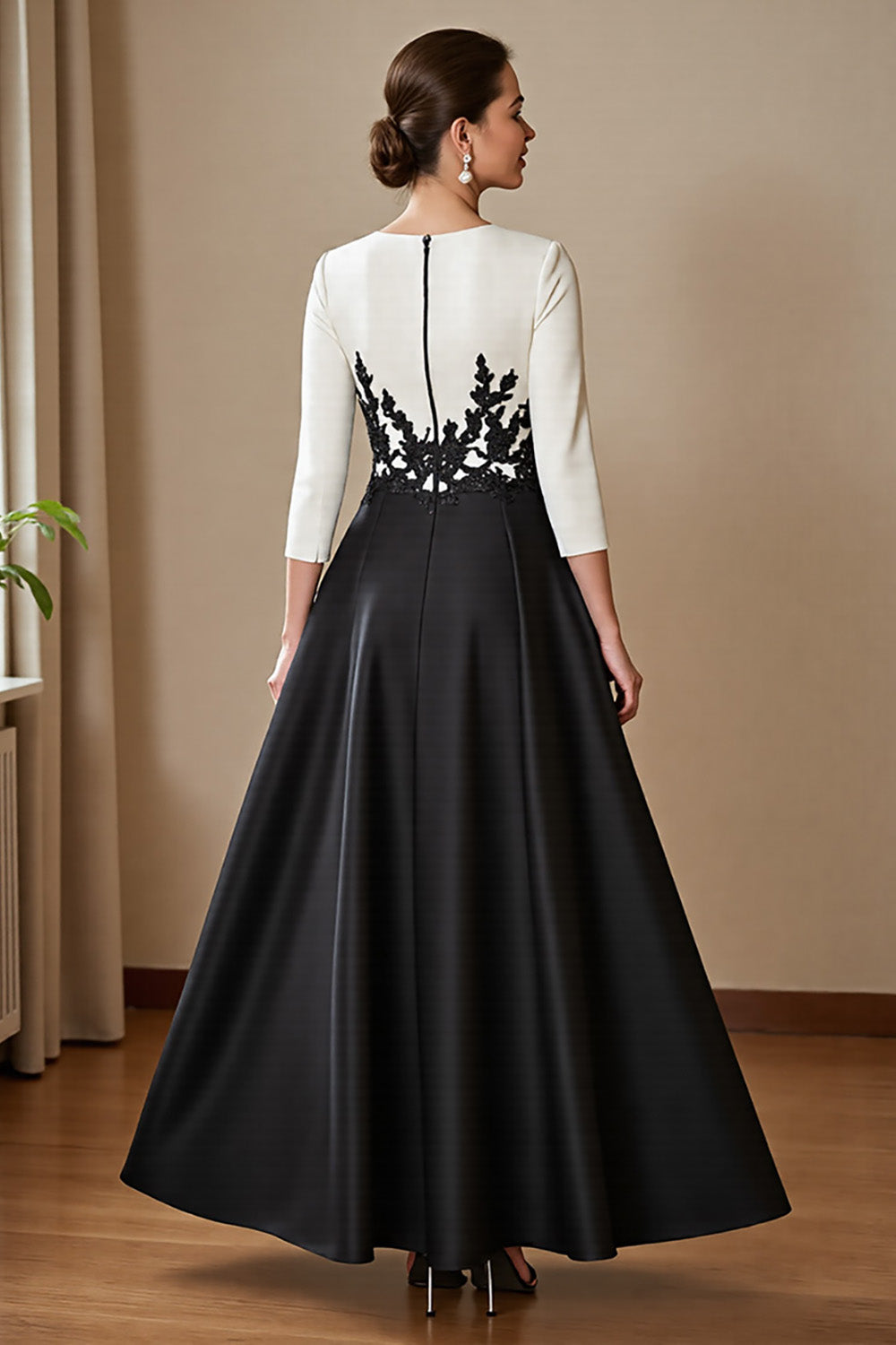 Black and White A Line Satin High-Low Mother of the Bride Dress with Appliques