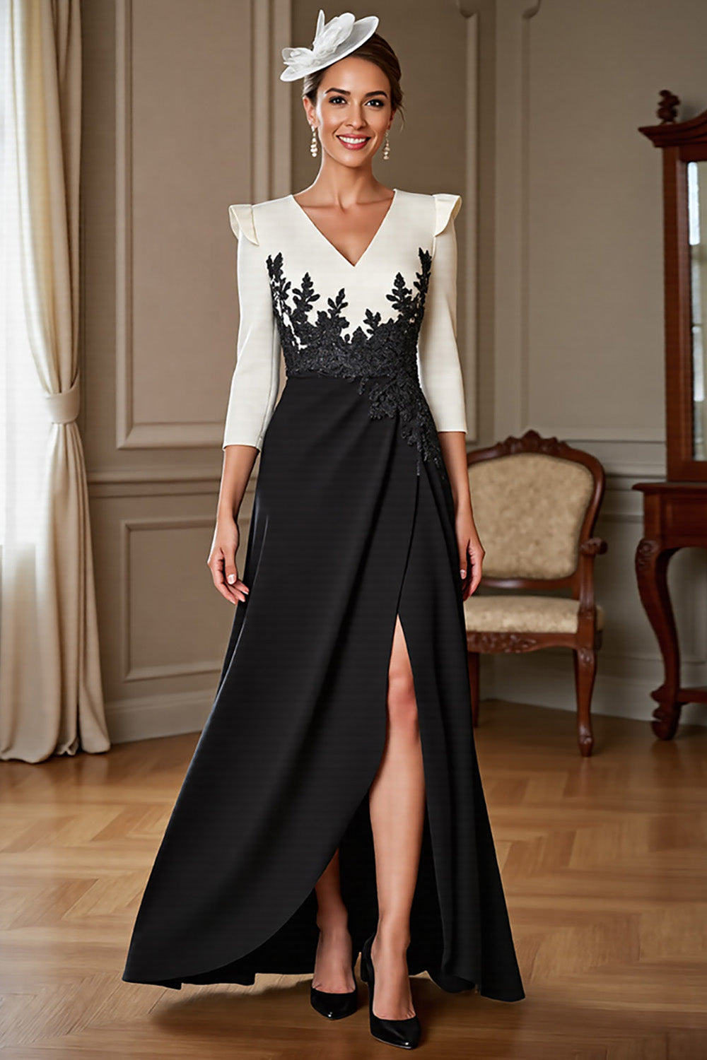 Black and White V-Neck Satin Maxi Mother of the Bride Dress with Slit