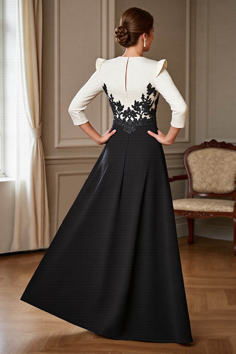 Black and White V-Neck Satin Maxi Mother of the Bride Dress with Slit