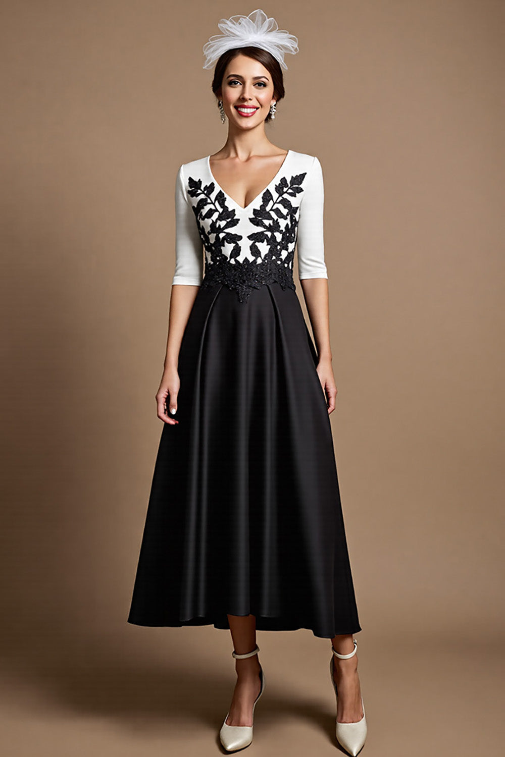 Black and White Maxi Satin Mother of the Bride Dress with Appliques